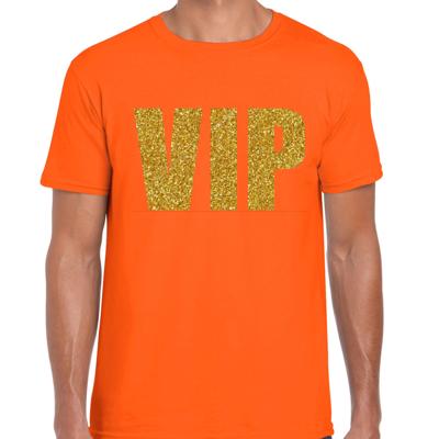 Verkleed glitter T-shirt voor heren - oranje - VIP - glitter goud - Koningsdag