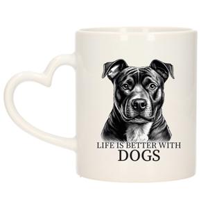 Cadeau mok voor honden liefhebbers - Staffordshire - wit met hartjes oor - keramiek - 300 ml