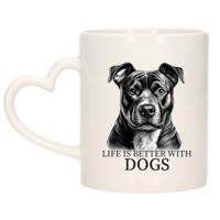 Cadeau mok voor honden liefhebbers - Staffordshire - wit met hartjes oor - keramiek - 300 ml