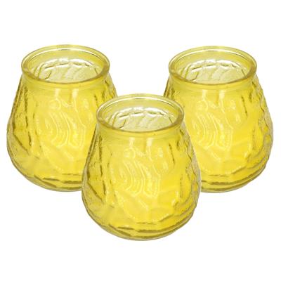 Windlicht geurkaars - 3x - geel glas - 48 branduren - citrusgeur