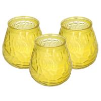Windlicht geurkaars - 3x - geel glas - 48 branduren - citrusgeur