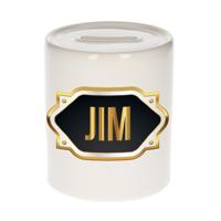 Spaarpot met voornaam Jim - wit - goud/zwart embleem - 8 x 9 cm - keramiek - afsluitdop