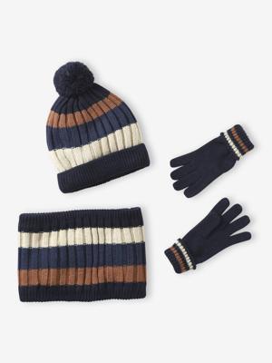 Tricolore babyset muts + snood + wanten/handschoenen voor jongens nachtblauw