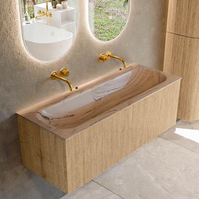Badmeubel Mondiaz Kurve-Dlux | 120 cm | Meubelkleur Oak | Wastafelkleur Arena | Solid surface | Wasbak midden spoelbak | Zonder kraangat(en)