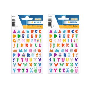 2x Stickervelletjes met 62x stuks plak letters A-Z gekleurde letters