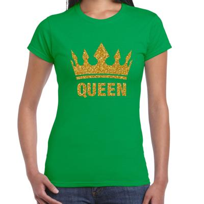 Koningsdag T-shirt voor dames - Queen - glitter goud - groen - feestkleding