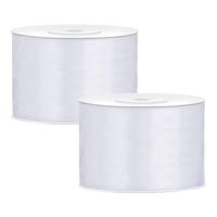 Partydeco Cadeaulint - 2x - wit - 5 cm x 25 meter - satijn - sierlint - inpakken - decoratie