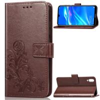 Lucky Clover ingedrukt bloemen patroon lederen case voor Huawei genieten van 9 met houder & kaartsleuven & portemonnee & hand strap (bruin)