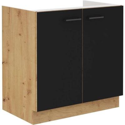 Onder spoelbak - MODENA - 80 cm - 2 draaideuren - Ambachtelijk eiken en mat zwart - CUISINIER