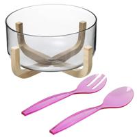 Secret de Gourmet Saladekom/serveerschaal - glas - plastic slacouvert roze - Dia 24 cm - Saladeschalen - thumbnail