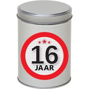 Zilver bewaarblik/opbergblik 13 cm met 16 jaar sticker