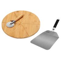 Bamboe houten pizza serveerplank met pizzasnijder en pizzaschep 32 cm