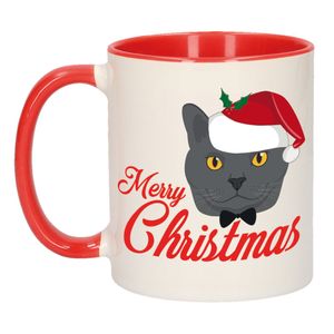 Kerstcadeau mok/beker rood Merry Christmas met grijze kat / poes 300 ml   -