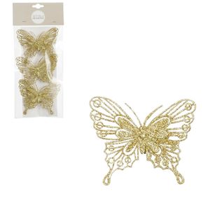 House of Seasons vlinders op clip - 3x stuks - goud glitter - 10 cm   -