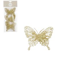 House of Seasons vlinders op clip - 3x stuks - goud glitter - 10 cm   - - thumbnail