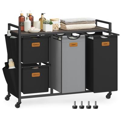 Wasmand op wielen met zijzakken en praktische opbergplank, Kastanjebruin + Inktzwart + Duifgrijs / 150 L