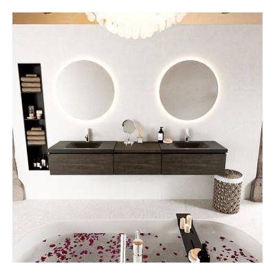 Mondiaz Bukla 220cm badmeubel met module 60 kleur dark brown met 3 lades en wastafel dubbel 2 kraangaten kleur urban