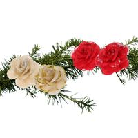 Set van 4x stuks decoratie bloemen rozen goud en rood op clip 9cm - thumbnail