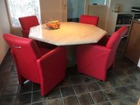 Set van 4 leren eetkamerfauteuils - met armleuning en wieltjes - rood leer - Echt leer, Modern, ontdek de vele Leersoorten en Kleuren bij ShopX