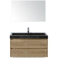 Dante Badmeubelset 100 cm - Natuur Eiken - Wastafel Hardsteen Wit Lucca met Spiegel