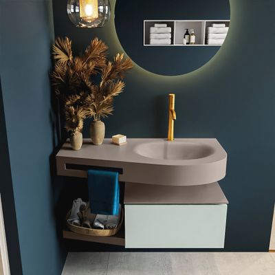 MONDIAZ RIVA 100cm badmeubel onderkast / planchet kleur Greey met 1 lade. Wastafel DULCET rechts 1 kraangat kleur Smoke.