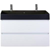 Maxx XL Badmeubelset 100 cm - Wit Hoogglans - Wastafel Kube Zwart 2 Kraangaten