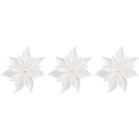 3x Kerstversieringen kerststerren bloemen wit op clip - Kersthangers - thumbnail