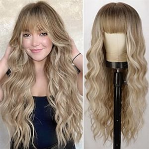 Blonde pruik met pony lang golvend krullend ombre blonde pruik met donkere wortels synthetisch hittebestendige pruiken voor vrouwen dagelijks feestgebruik 26 inch miniinthebox