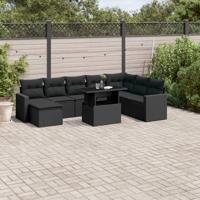 9-delige Loungeset met kussens poly rattan zwart