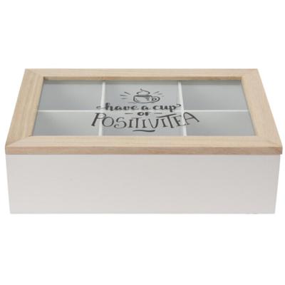 Theedoos - wit/bruin - 6 vakken - 24 x 16 x 7 cm - hout - theekist