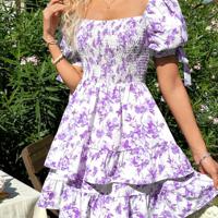 Bon&Bon Women's Floral Boho Dress - Square Neck Puff Sleeve Ruffle Hem Purple / M