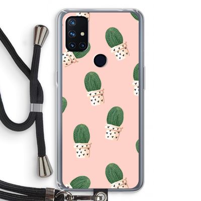 Cactusprint roze: OnePlus Nord N10 5G Transparant Hoesje met koord