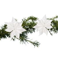 2x stuks kerstboomversiering kunstbloemen op clip wit 18 cm - thumbnail