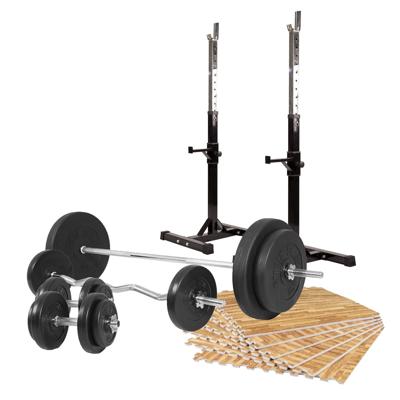 Squat- en bankdruksteunen Incl. halterset 100 kg en vloermatten