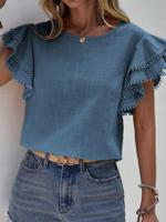 Crew Neck Casual Plain Ruffled Sleeves Regular Fit Shirt - thumbnail