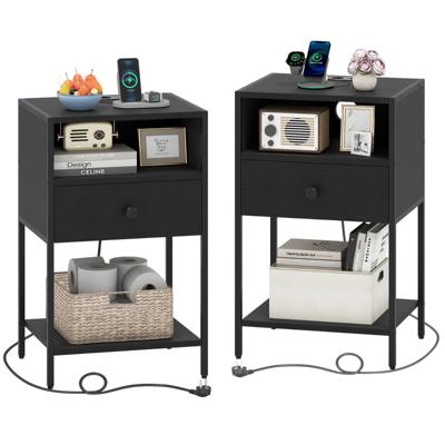 (Set van 2) Nachtkastje met Oplaadstation Industriële Bijzettafel met Open Vak Compact Nachtkastje Zwart