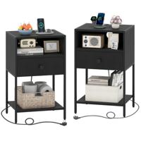 (Set van 2) Nachtkastje met Oplaadstation Industriële Bijzettafel met Open Vak Compact Nachtkastje Zwart