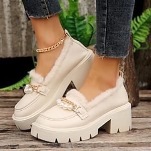 Dames Hoge hakken Instappers Mary Jane Grote maten Platform loafers Buiten Dagelijks Met fleece gevoerd Winter Imitatieparel Sleehak Ronde Teen Elegant leuke Style Casual Wandelen PU Leegloper Beige Lightinthebox