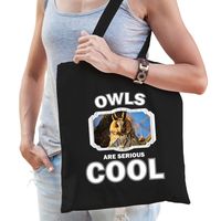 Katoenen tasje owls are serious cool zwart - uilen/ ransuil cadeau tas - thumbnail
