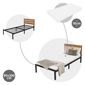 Metalen bed 90x200 cm zwart met lattenbodem en matras met houten hoofdbord en voeteneind ML design