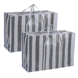 Dekentas/wastas met rits - 2x - gestreept - grijs - 70 x 48 x 28 cm - speelgoed opbergtas - maat M