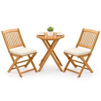 3-delige Opklapbare Bistroset van Acaciahout Tuinset met Kussens Buitenterrasmeubelset met Tafel en 2 Stoelen voor Balkon Beige