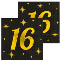 Verjaardag feest servetten - leeftijd 16 jaar - 32x stuks - zwart/goud - sterren - 33 x 33 cm