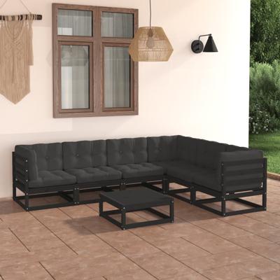 7-delige Loungeset met kussens massief grenenhout zwart