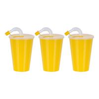 Drinkbeker met deksel en rietje - 6x - geel - kunststof - 450 ml - 12 x 9 cm