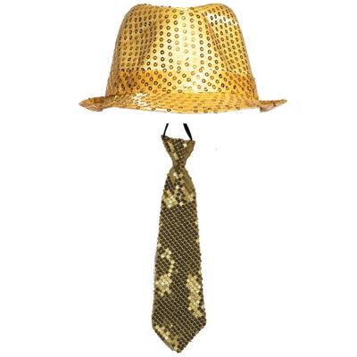 Boland Party carnaval verkleed setje - hoedje en stropdas - Goud glitters - Verkleedkleding