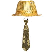 Boland Party carnaval verkleed setje - hoedje en stropdas - Goud glitters - Verkleedkleding