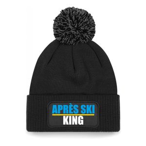 Wintersport muts met pompom - Apres Ski king - zwart - one size - unisex - Apres ski beanie