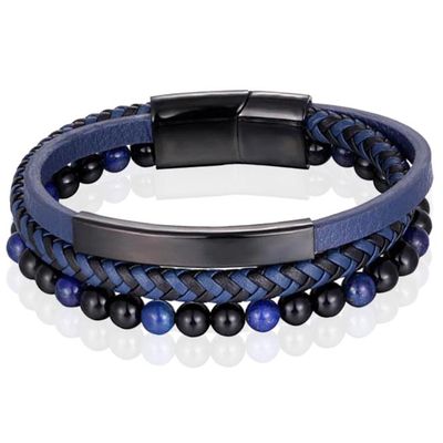 Heren armband Memphis Tijgeroog kraal gevlochten leer Zwart Blauw - 21cm