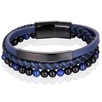 Heren armband Memphis Tijgeroog kraal gevlochten leer Zwart Blauw - 21cm